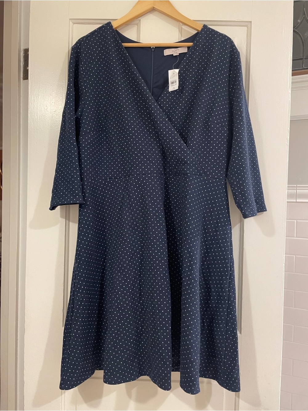 LOFT Navy with White Polka Dot Wrap-Style 3/4-Sleeve Dress